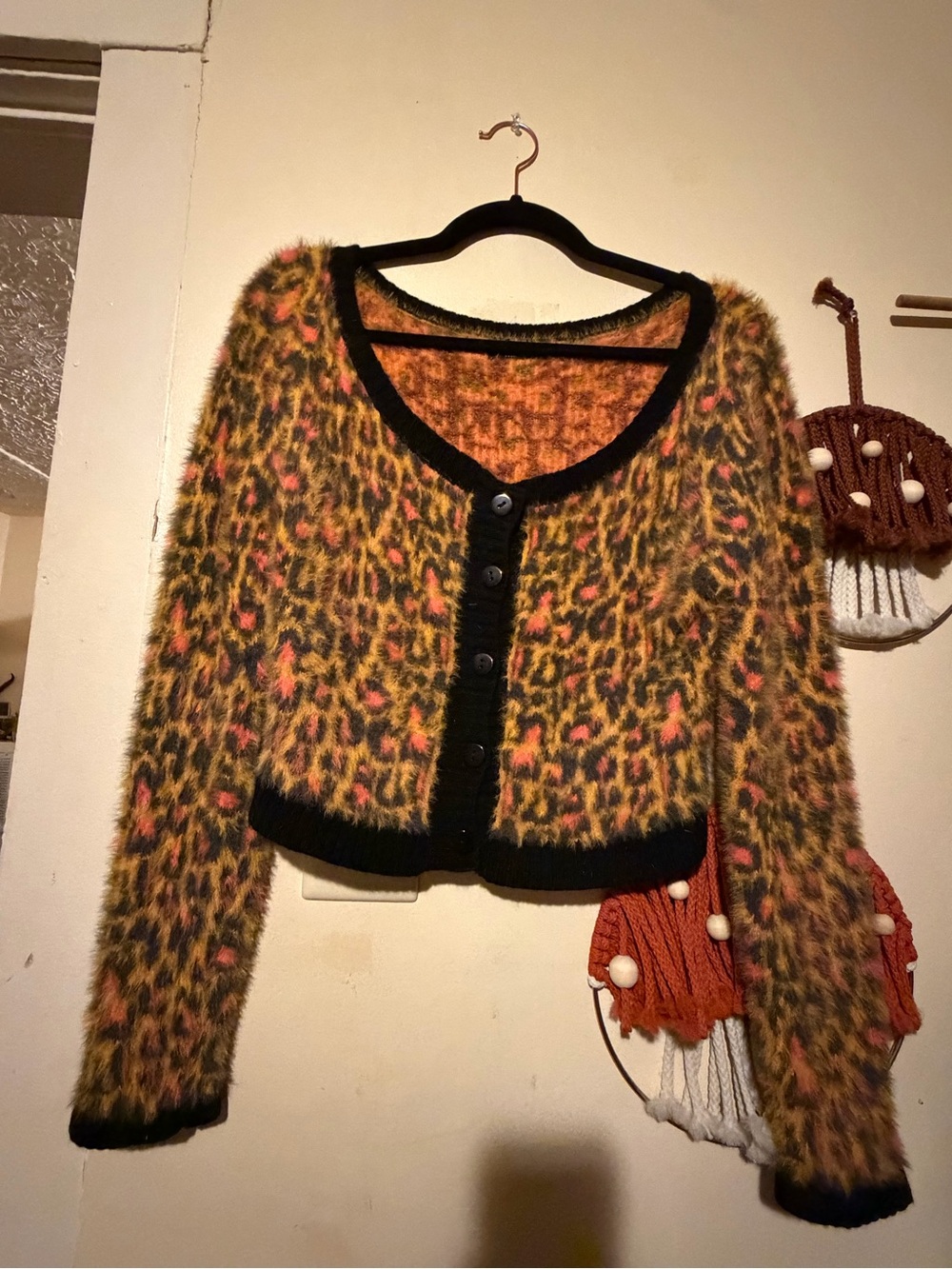 Nasty Gal Yellow & Pink Leopard-Print Fuzzy Cropped Cardigan